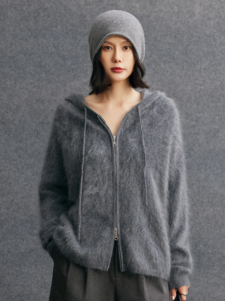 TLOML-suéter elegante de Cachemira de felpa para mujer, cárdigan con capucha y cremallera, abrigo cómodo de punto de Cachemira cepillado suave y cálido para otoño e invierno, 100%