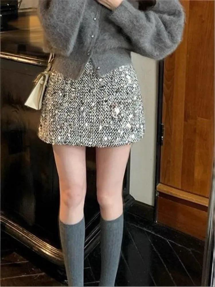 Leisure Style Ladies High Waist Top Quality Mini Skirts Solid Color Sequins Slim Fashion Versatile Female A-Line Short Skirt