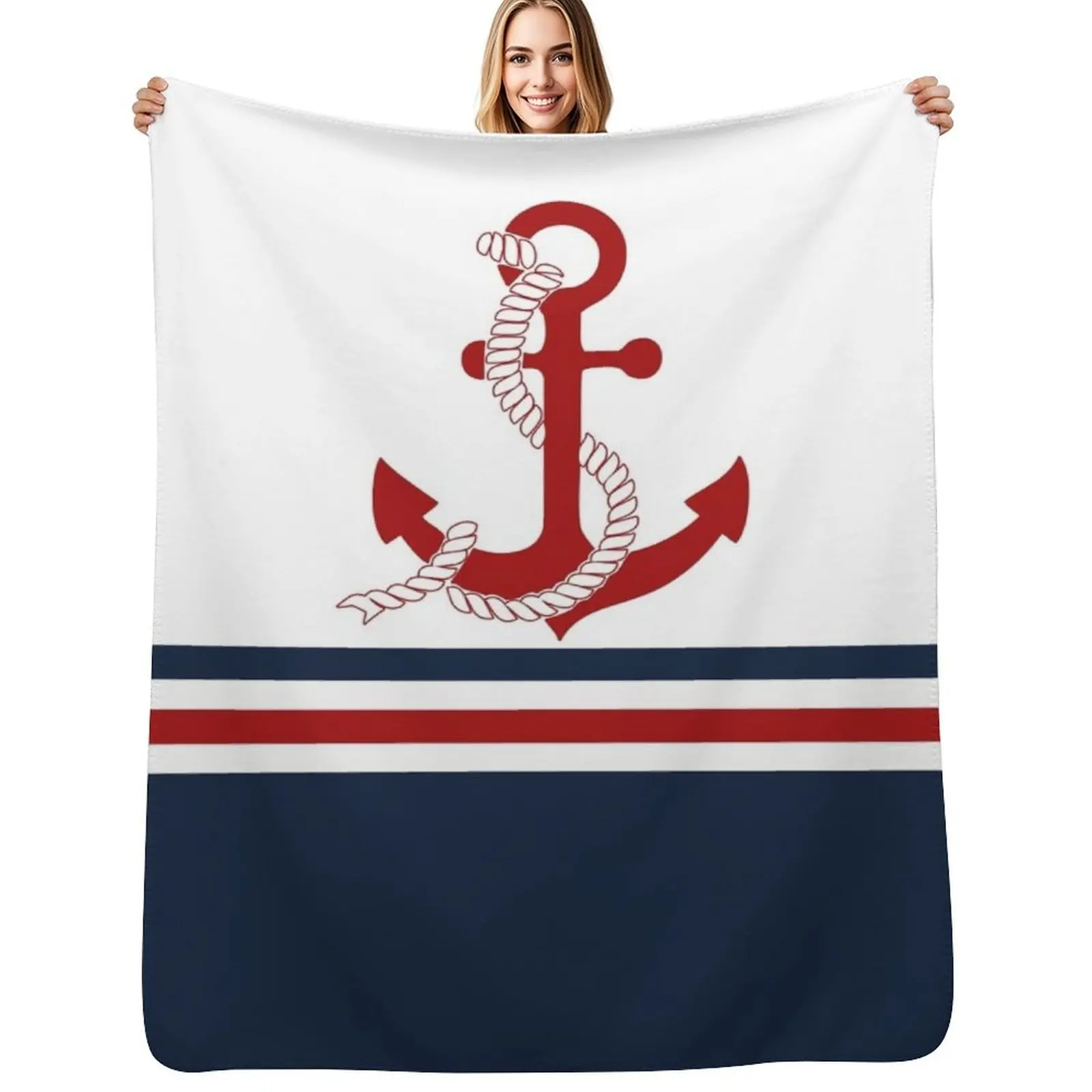 Nautical navy blue and white stripes with a red anchor Throw Blanket Cozy Microfiber Throw Blanket for Home Bedroom