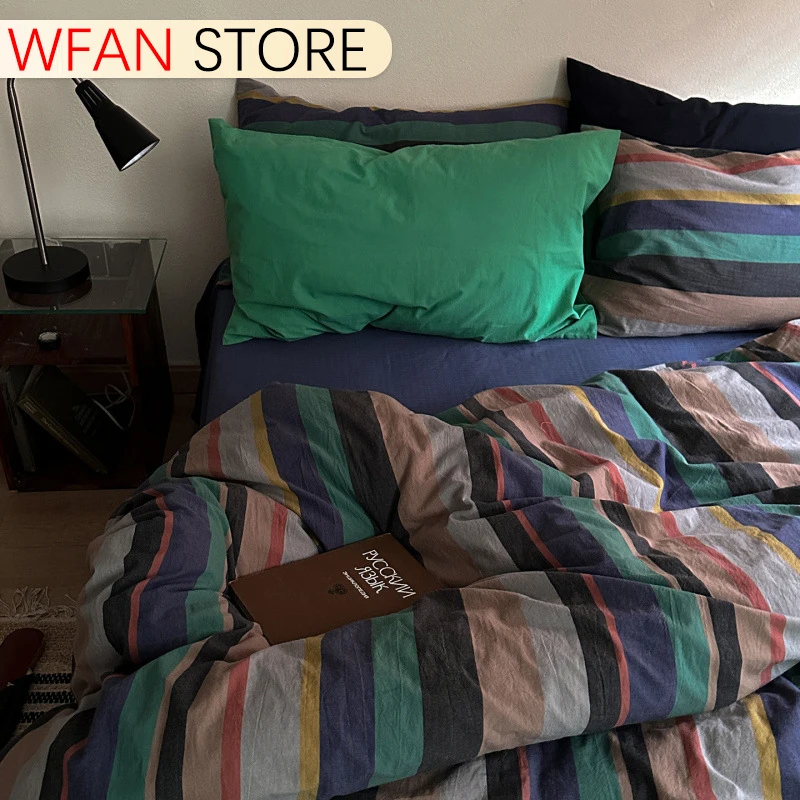 100 Cotton Yarn Dyed Washed Bedding Set Stripe Mix Fitted Sheet Duvet Cover Pillowcase Vintage Dorm 4 Piece Soft Breathable
