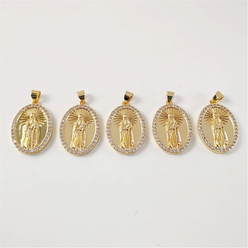 FUWO Wholesale 18*20mm 18K Gold Plated Oval Virgin Mary Pendant, High Quality Zircon Charm for DIY Jewelry Making 10Pcs B019