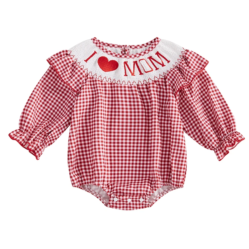 Baby Girls Romper Long Sleeve Crew Neck Letters Plaid Bodysuit Clothes for Casual Daily