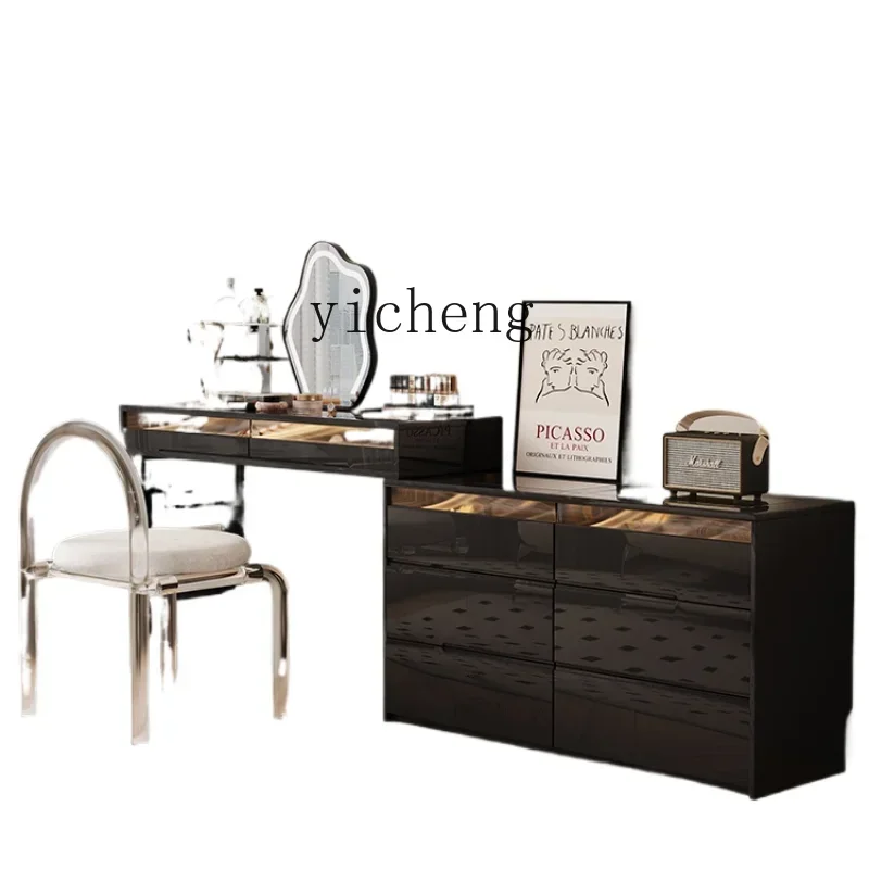 B12 Massivholz-Kommode mit Schubladen, integriertem Schminktisch und ausziehbarem Schreibtisch in Creme