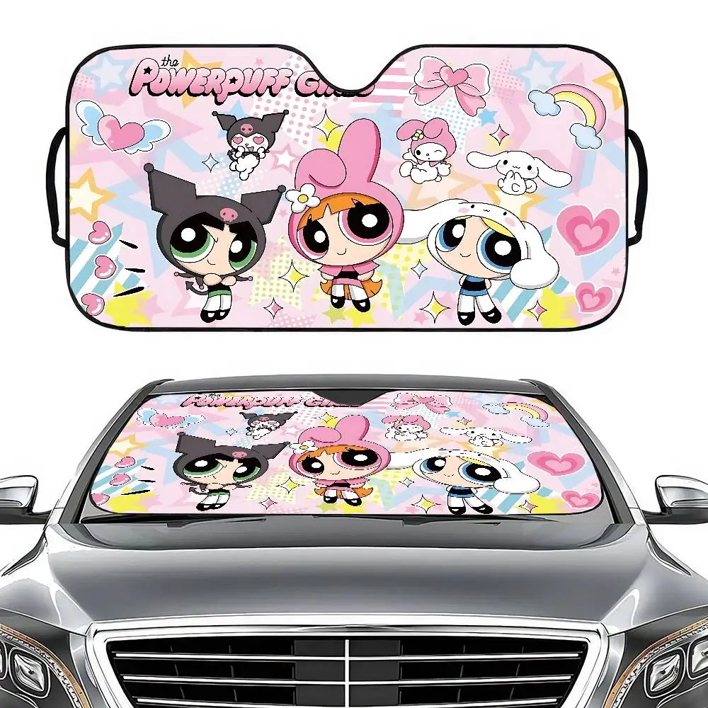 P-Powerpuff-GirlS أنيمي سيارة الشمس الظل نافذة أمامية ظلة لمعظم سيارات السيدان SUV كتل ماكس الأشعة فوق البنفسجية إبقاء سيارتك باردة