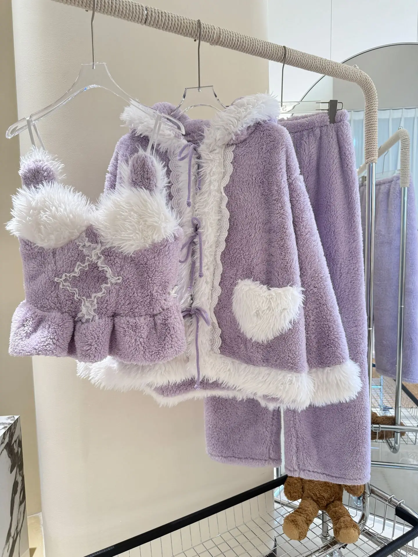 Autumn Winter 3PCS Pajamas Set Flannel Women Shirt Sling Pants Pijamas Suit Intimate Lingerie Sleepwear Home Clothes