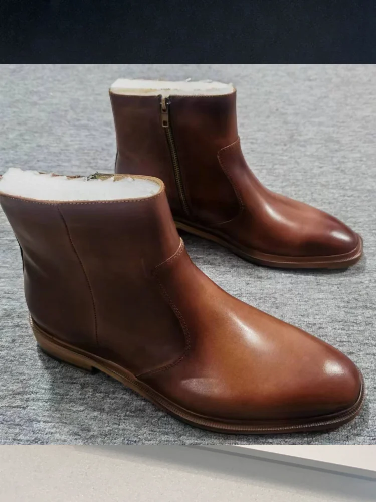 

Genuine Leather Men Retro Ankle Boots Brown Male Spring Autumn Slip On Round Toe Party High Top BootsHigh Quality Luxury Shoes