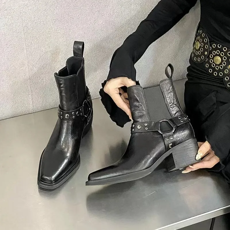 Women Modern Shoes Genuine Leather Chelsea Boots Chunky Heels Square Toe Versatile Vintage Pleated Rivet Motorcycle Boots