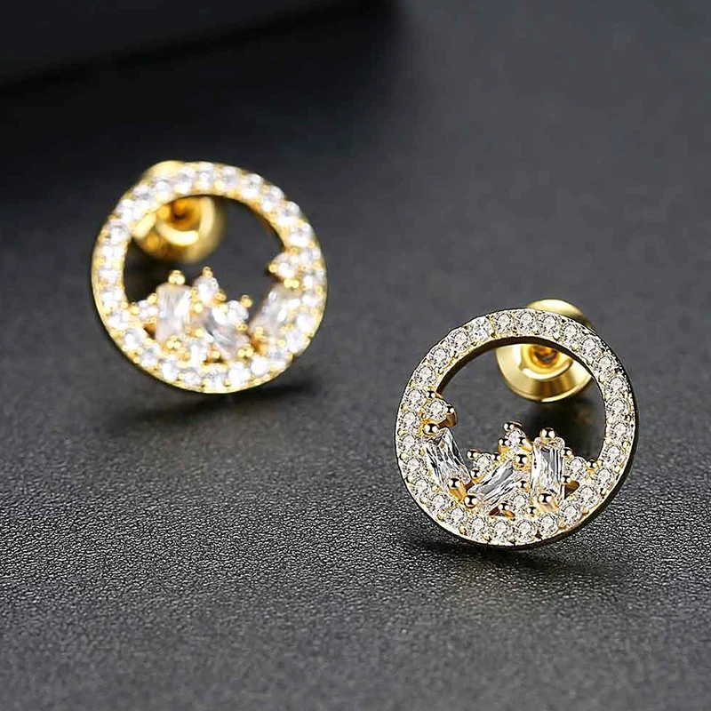 LUOTEEMI Cute Small Round Women Stud Earrings for Wedding Party White Gold or Gold Color Paved CZ Fashion Jewelry Brincos Gift