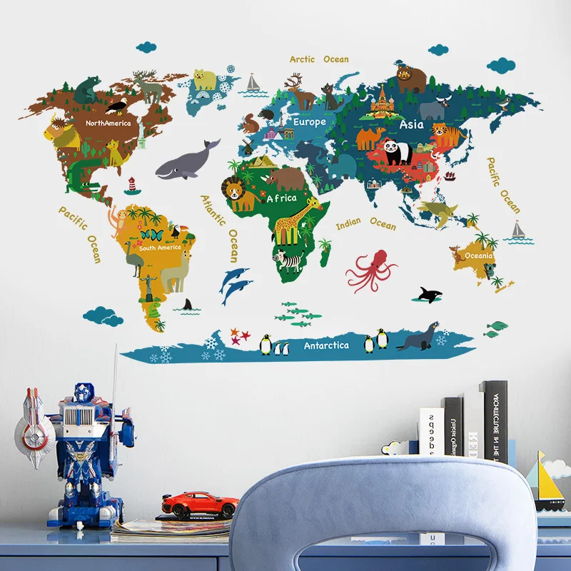 Adesivi murali mappa del mondo dei cartoni animati per camerette Camera da letto per bambini Decorazione murale per aula Sfondi adesivi in vinile autoadesivi