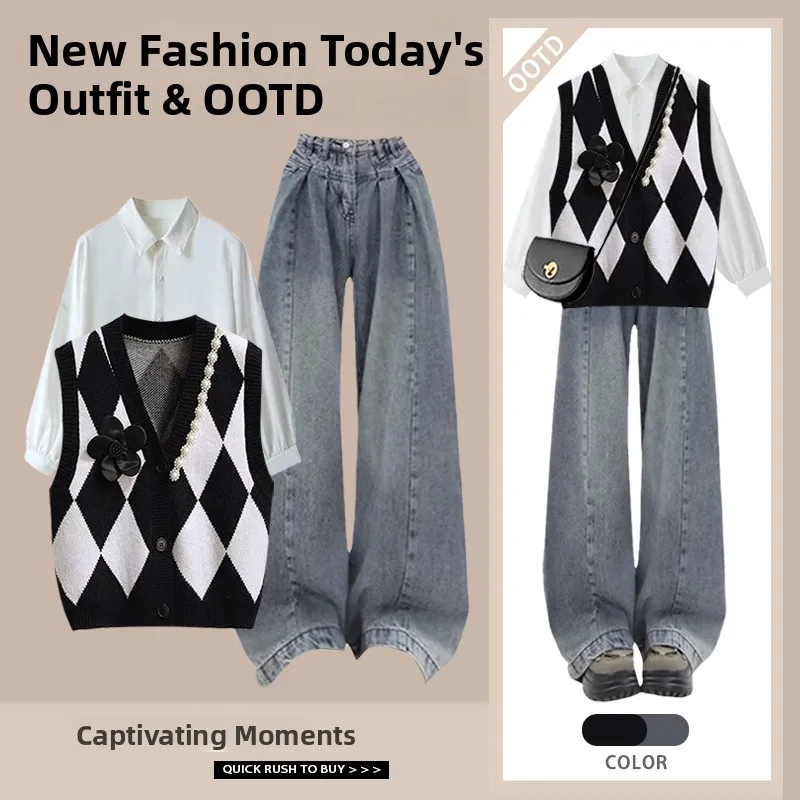 패셔너블하고 달콤한 스몰 사이즈 가을 여성용 롱 스웨트셔츠와 청바지 티피스 세트 다이아몬드 장식 조끼 트렌디 의상