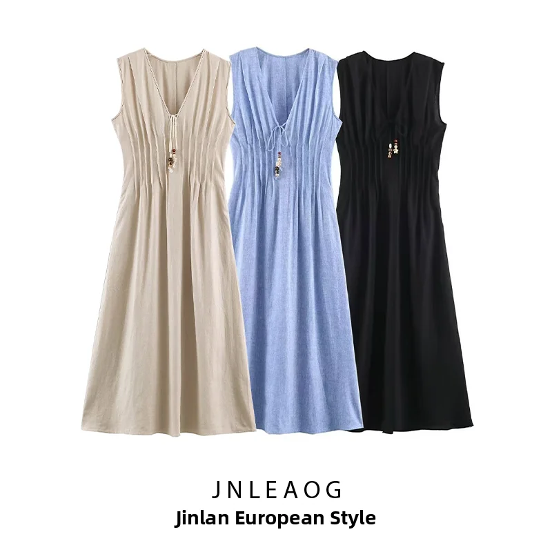 JNLEAOG Summer New Fashion Women's Dress with Pleats Versatile Design Polyester Fiber Sleeveless Casual Style Single Piece
