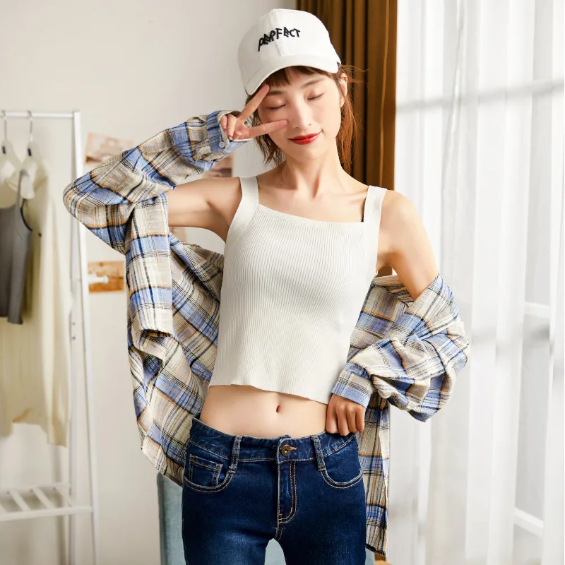 2022 Women Summer Outerwear Suspenders Top Female Square Collar Knitted Bottoming Shirts Vest Sleeveless Solid Candy Color