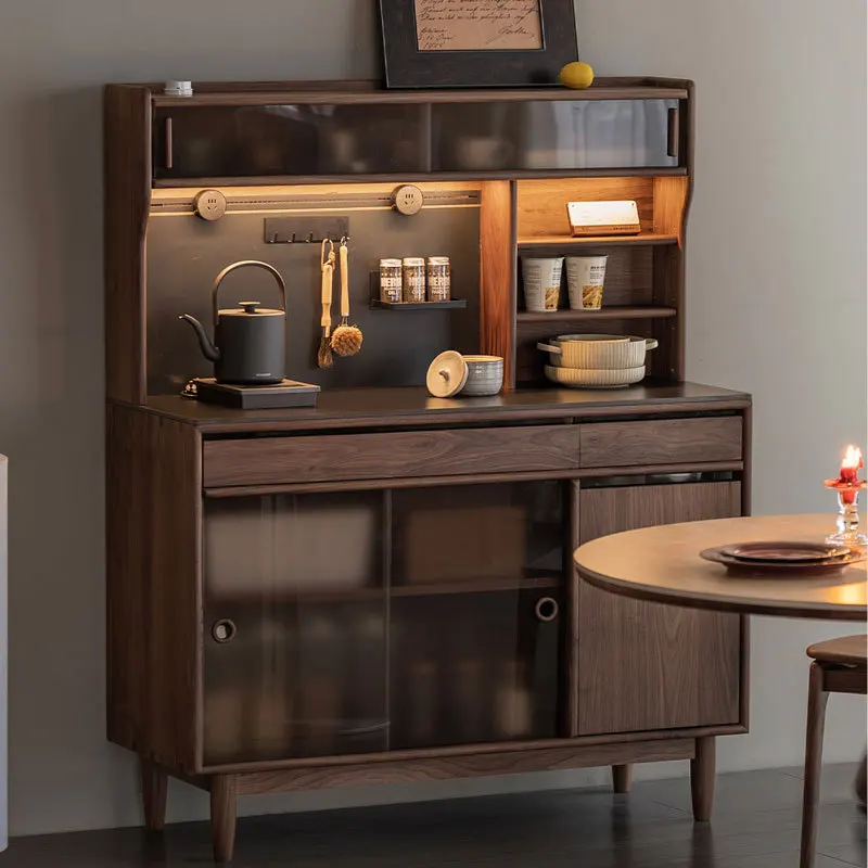 black walnut dining side, simple all-solid wood rock slab against the wall, integrated travertine cabinet,
