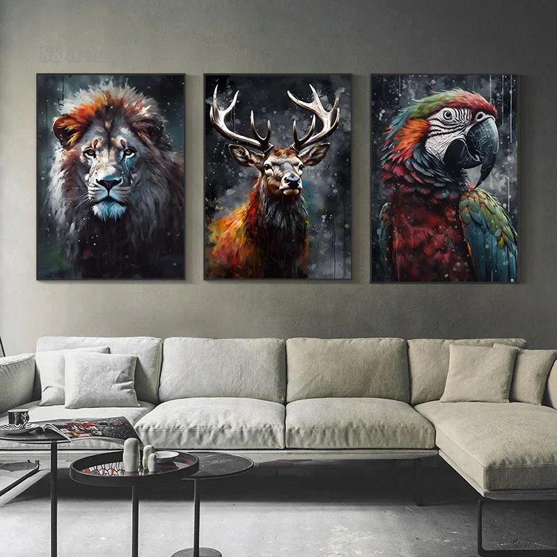 Abstract Animals Portrait Canvas Paintings Horse Lion Tiger Wolf Koala Watercolor Art Posters Animal Mural for Living Room De
