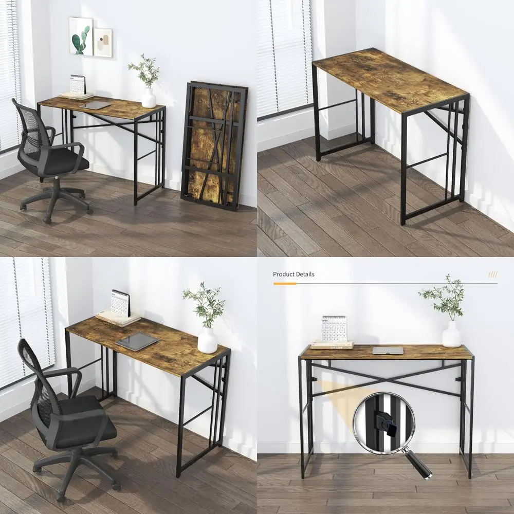 

35 inch Small Folding Computer Desk, Writing Gaming Computer Desk for Small Spaces, No Assembly Required Home Office Tale, Rusti