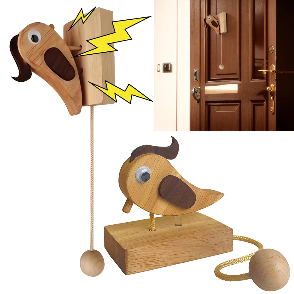 Woodpecker Door Bell Wooden Door Knocker Triggers Creative Handmade Woodpecker Doorbell with Pull Rope for All Kinds of Doors