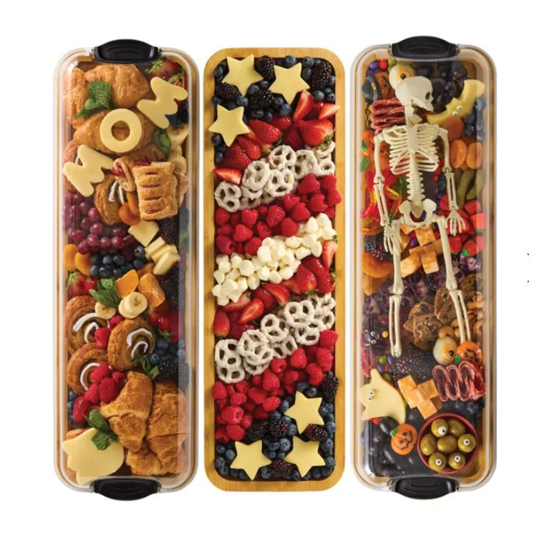 Wooden Bread & Fruit Serving Tray with Lid, Divided Dessert Platter for Cheese/Nuts, Portable Outdoor Picnic Container
