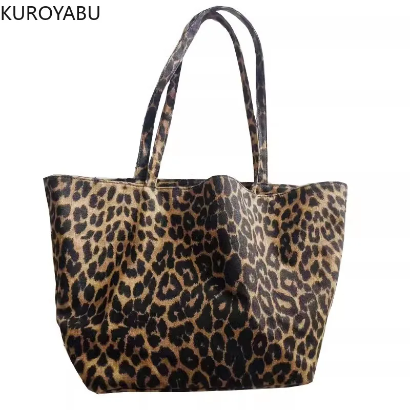 Chic Leopard Pattern Tote Bag Vintage Canvas Y2k Shoulder Bag Women Large Capacity Handbag for School Work Shopping Bolsa Mujer