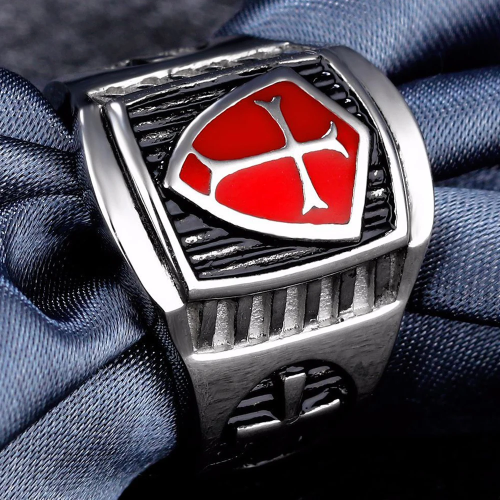 Massive Men\'s Templar Finger-ring With Cross Shield Symbols Signet Army Rings For Men Stainless Steel Battlefield Origins