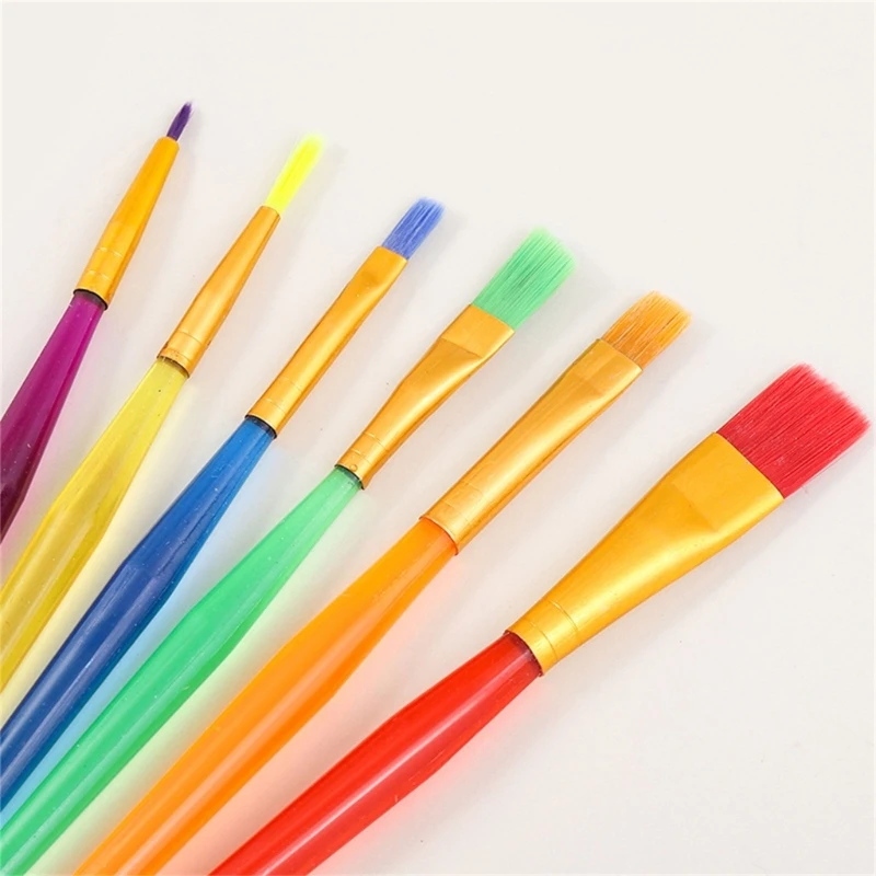 6Pcs Candy Color Paint Brush Fine/Flat Tip, Plastic Paint Brush Children Paintbrush for Acrylic Watercolor Painting