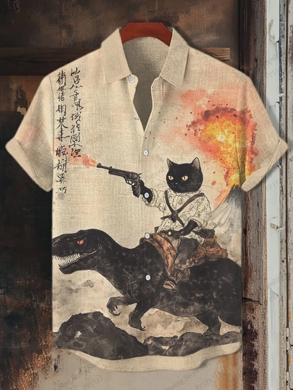 Fashion Mens Summer Hawaiian Shirt Vintage Calligraphy Cat Dinosaur 3d Print Shirt Short Sleeve Casual Beach Shirts Men Blouse