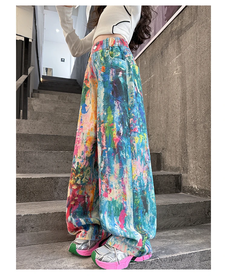 Street-Style Kinder-Jeans mit Bunten Prints für Teenager-Mädchen, Modische Hip-Hop-Tanz-Jeans, Trendige Hiphop-Denim-Hosen für Kinder – Detail 9
