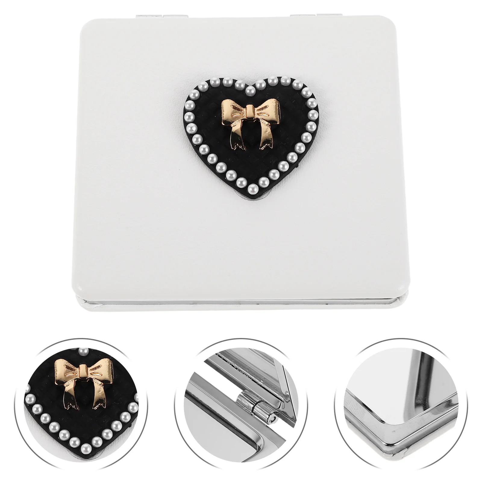 

Small Folding Pocket Mirror Pearls Heart Bowknot Durable PU Portable Makeup Vanity Mirror Double-Sided 2x Magnification