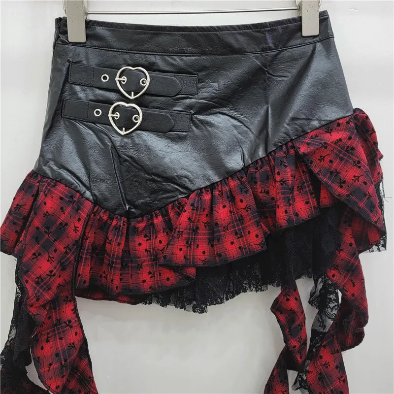 DEAT Women\'s Pu Leather Skirt Red Plaid A-line High Waist Patchwork Lace Buckle Short Skirt Autumn 2024 New Fashion 29L8954