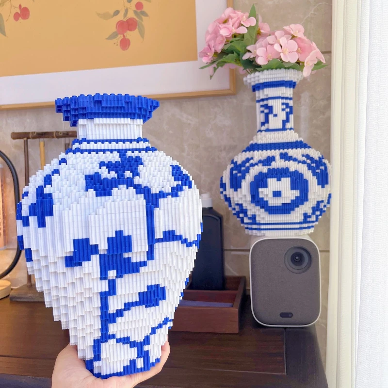 28Cm Creatieve Diy Chinese Stijl Blauw En Wit Porseleinen Vaas Puzzel Bouwsteen Educatief Jongen Speelgoed Voor Kinderen Baksteen Cadeau