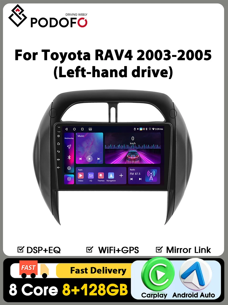 Podofo 9-Zoll-Carplay-Autoradio für Toyota RAV4 2003-2005, intelligentes Autoradio mit Android Auto, GPS-Navigation, KI-Sprachsteuerung, WLAN, 29G, FM, RDS, Mirrorlink, Split-Screen