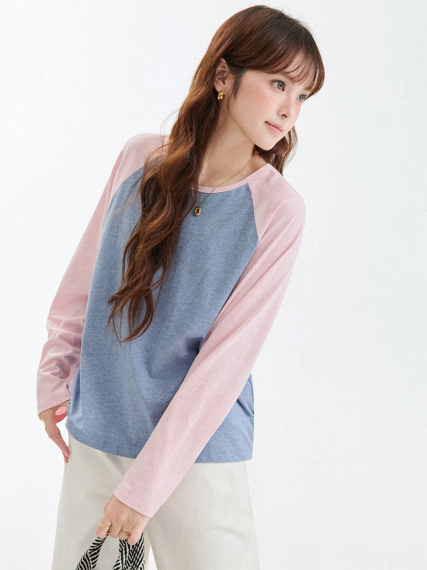 Dopamine Color Block Shoulder Sleeve Pure Cotton Women's T-shirt Autumn New Style Back Button up Top Korean Style Loose Fit