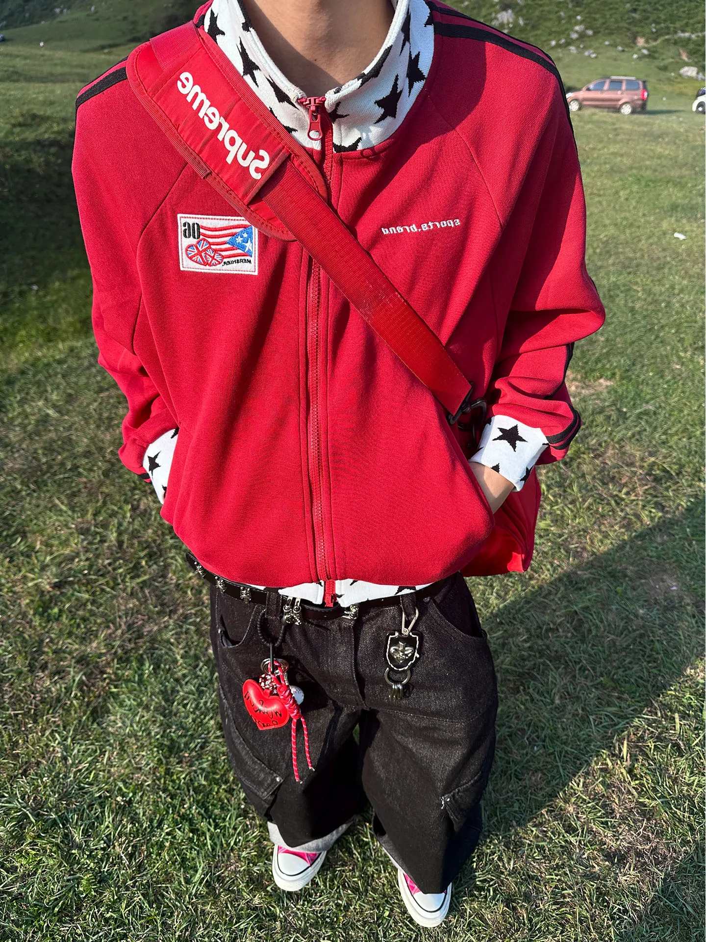 

American Retro Star Collar Sports Open Cardigan Sweatirt Loose Splice Color Blo Casual Jaet for Men And Women