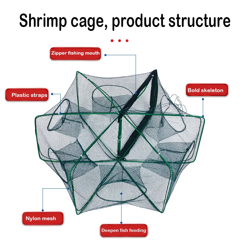 Fishing Net Crayfish Shrimp Catcher Tank Trap Cage Mesh Tool Mesh Folded Hexagon Octagon 8 Hole Hand Fishing Net Casting Nets