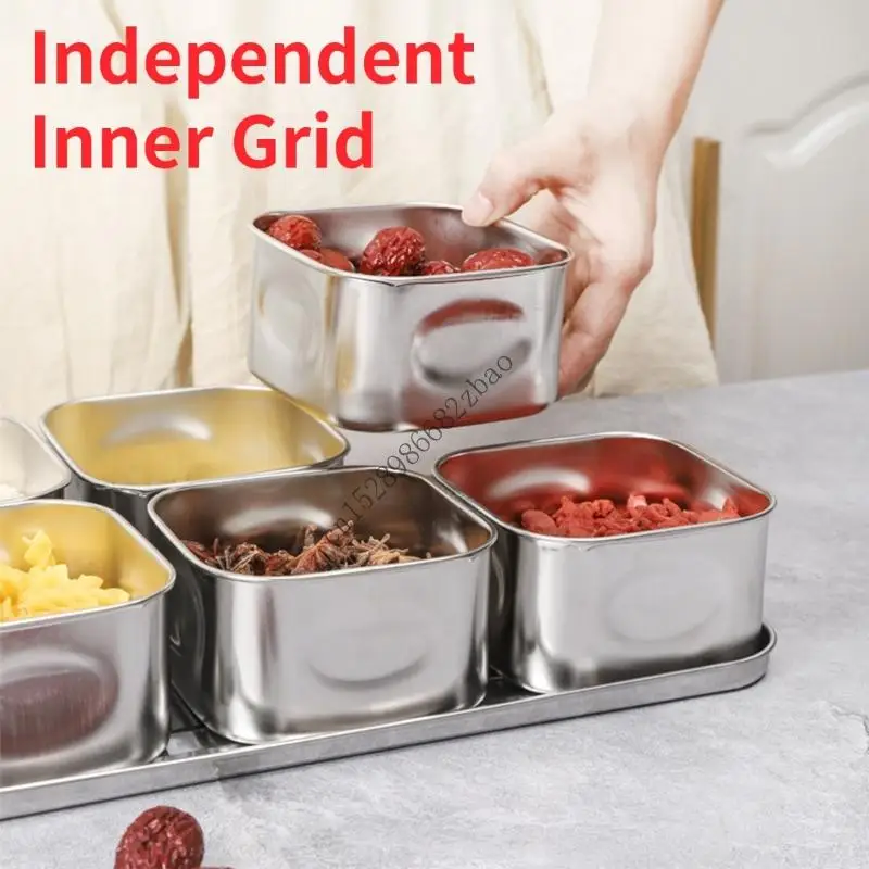 H7EA Stainless Steel Kitchen Seasoning Container 6/8 Grids Odor Proof Storage Box