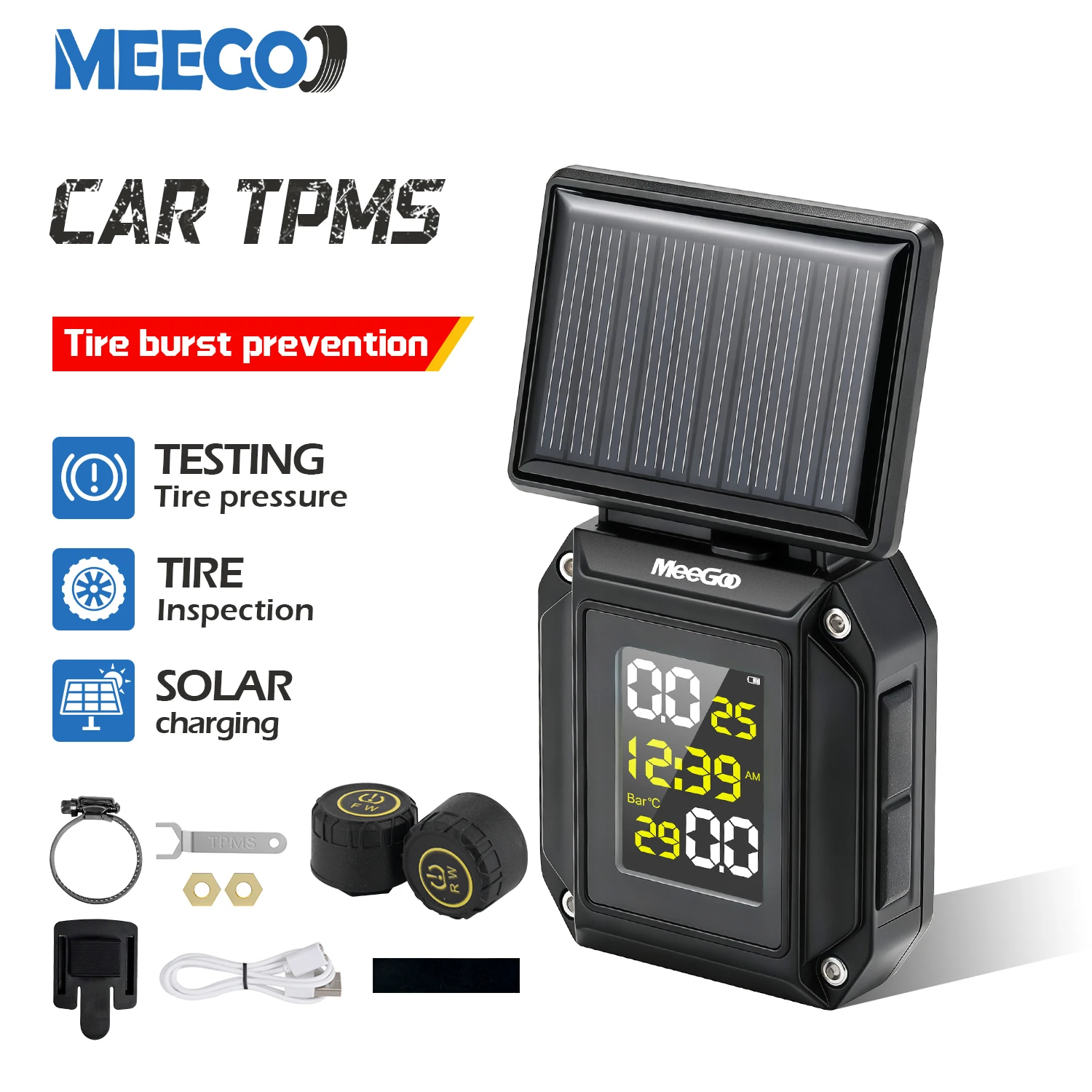 Motorcycle TPMS, 6 Alarm Modes, LCD Color Display, USB+Solar Charging IPX7 360°, External Sensors for All 2-Wheel Motorcycles