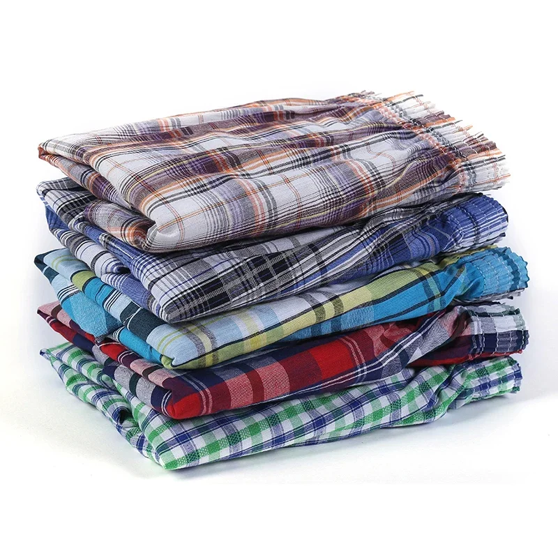 5Pcs/lot Boxer Men Thin Summer Underwear Shorts Casual Plaid Elastic Waistband Button Mens Boxer Underwear Woven Shorts for Home