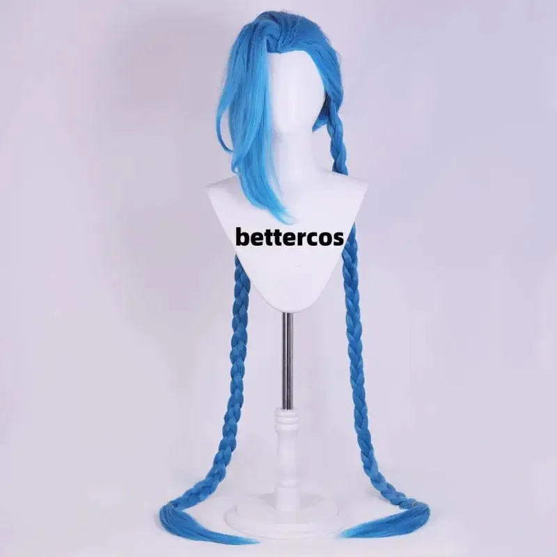 2025 22 LOL Jinx Cosplay largo trenzado azul el cañón suelto peluca trenza pelo sintético resistente al calor pelucas de Anime + gorro de peluca