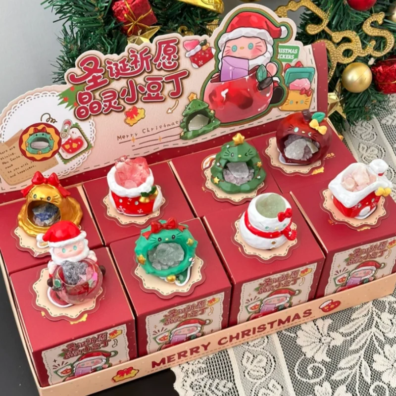 Christmas Wish Crystal Elf Bean Blind Box, 4-5cm Resin Cute Christmas Figurine Xmas Decor Gift with Natural Crystal Styles