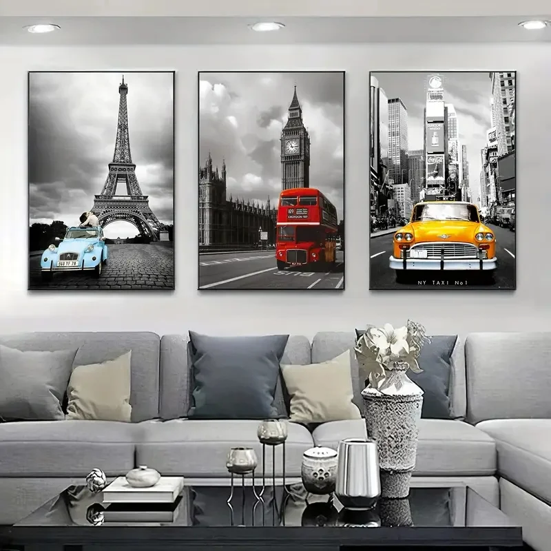 Canvas Posters Towers Sports Cars Red Buses Llack and White City Views Beautiful Home Decoration Gift for Friends Room Decor