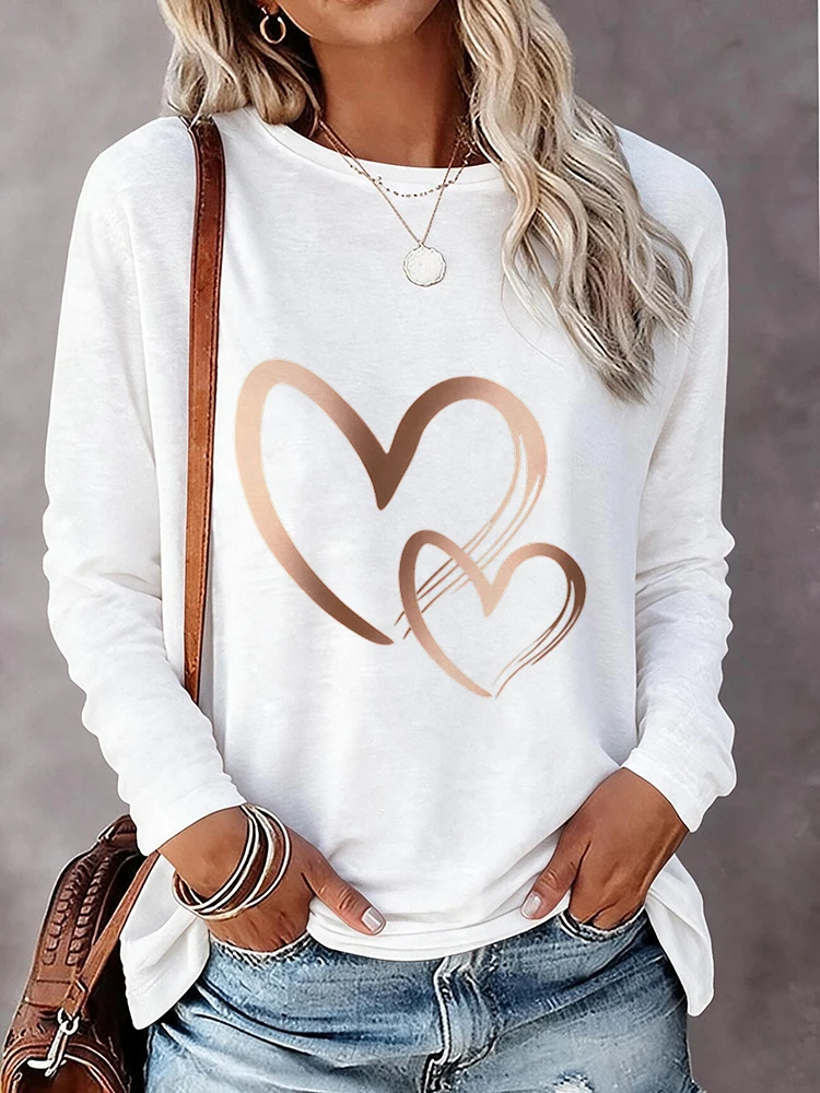 New Fashion Women's Heart Printed T-shirt Trendy Style Casual Round Neck Tops Long Sleeves T Shirt Clothing for Outfit Daily 90s