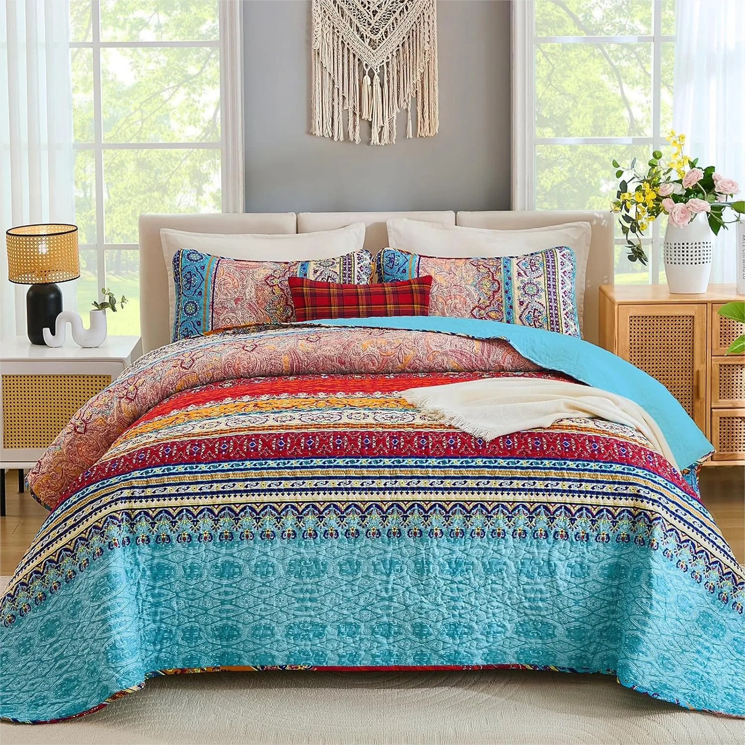 

Bohemian Quilt Set King Size, Boho Striped Printed Bedspread with 2 Pillowcases, Lightweight Microfiber Coverlet for All