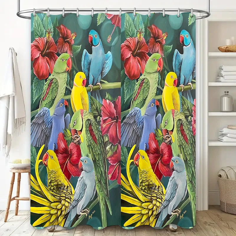 Tropical Bird Shower Curtain Botanical Forest Nature Bathroom Decor Teal Green Blue Colorful Exotic Wildlife Home Decor