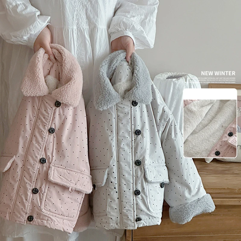 

Trendy Polka Dot Rabbit Fur Lined Jacket Coat for Girls Autumn Winter New Arrival Fashionable Versatile Warm Velvet Coats