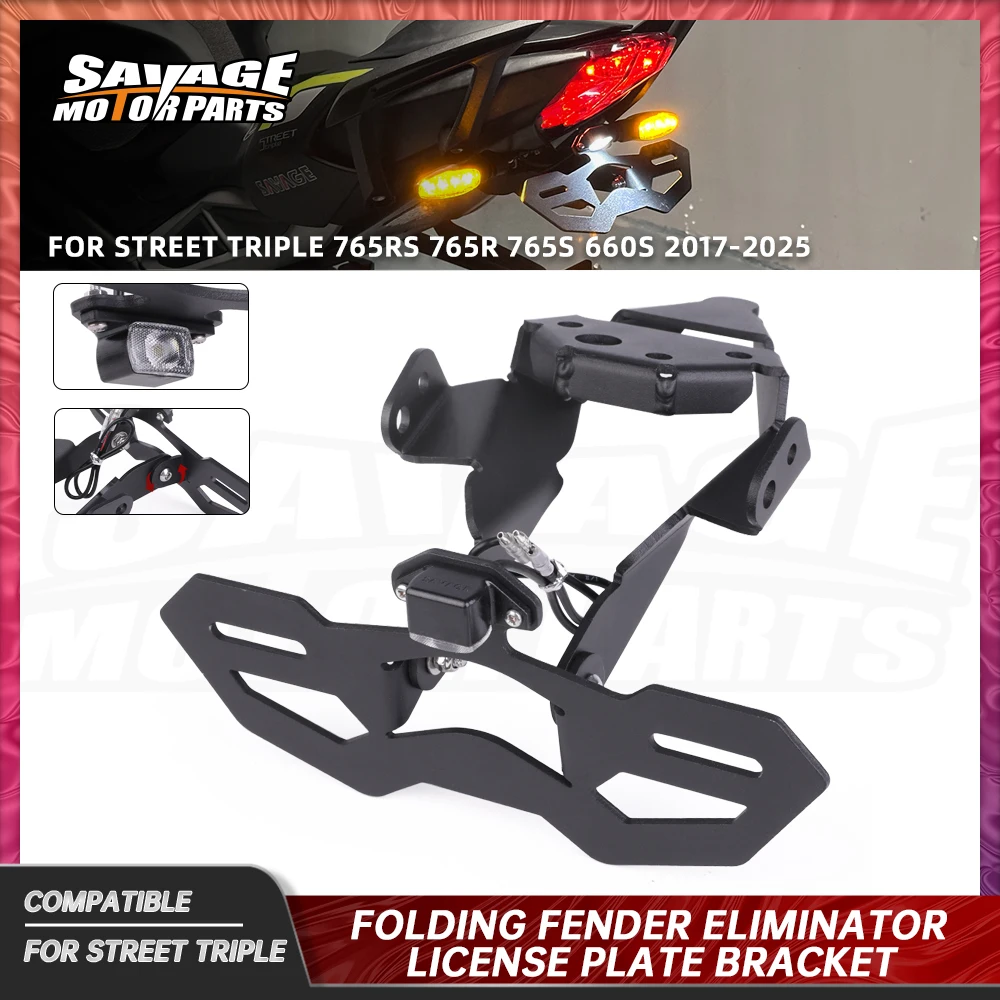 

2025 765RS Folding License Plate Holder For Street Triple 765 660 RS/R/S Adjustable Fender Eliminator Tail Frame LED Plate Light