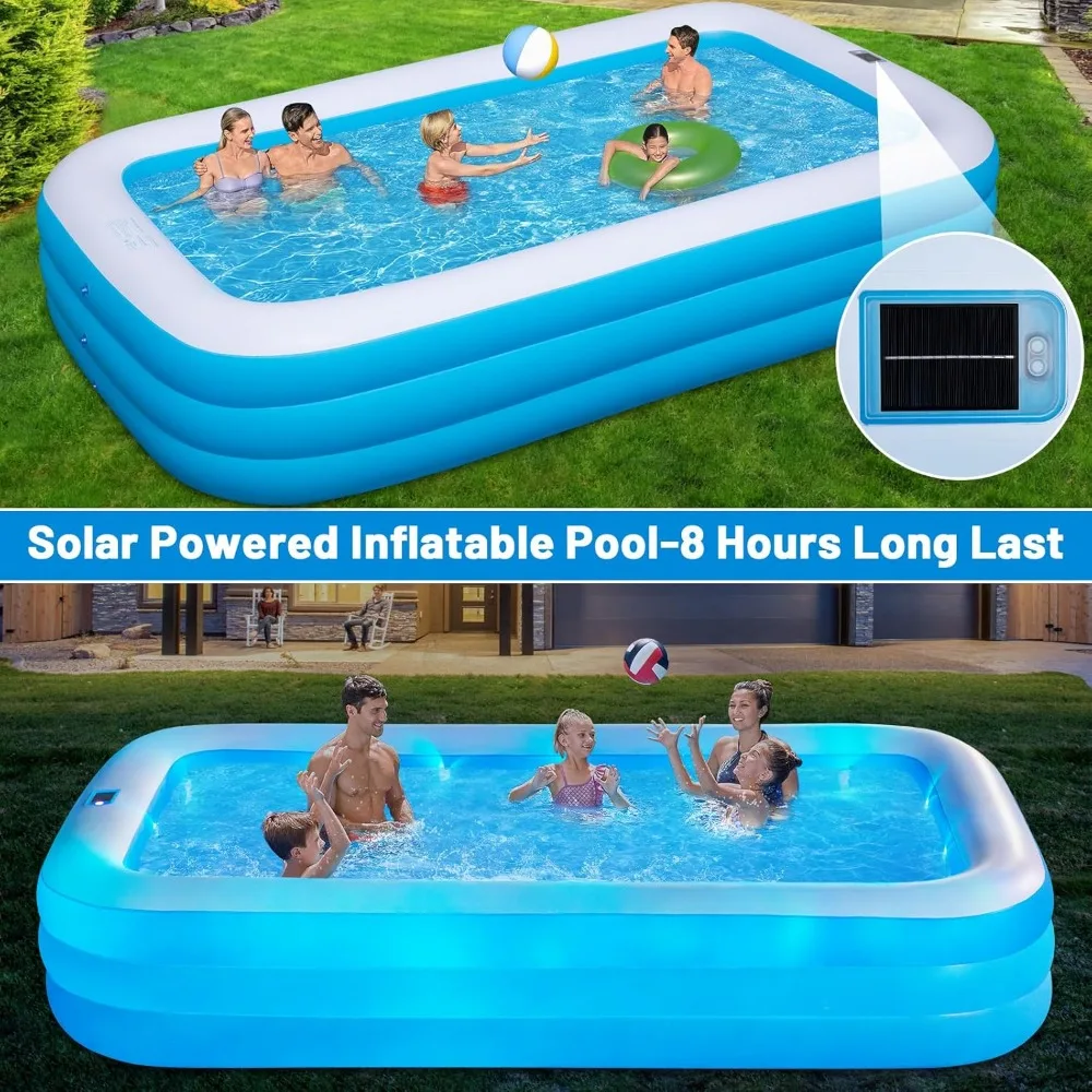 

Large Solar Inflatable Pool w/ Lights, Blow-Up Kiddie Pool w/ Air PUM,7 Color Changed Family Swimming Pools for Backyard,Outdoor
