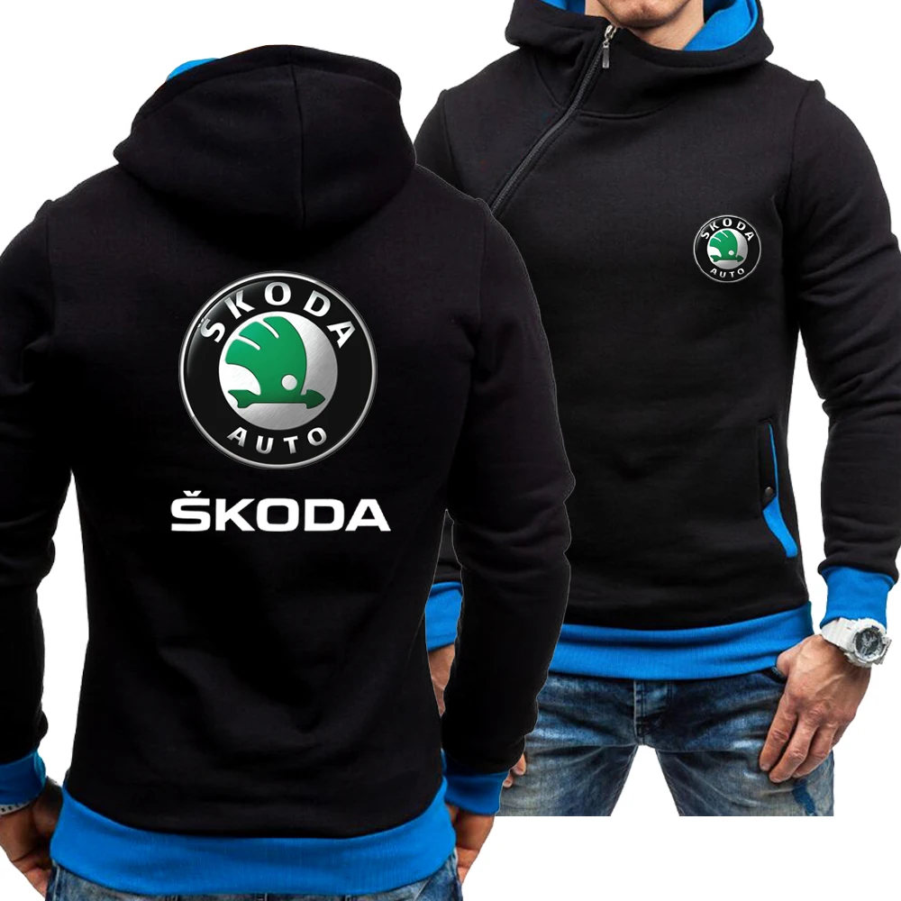 

New Spring Autumn Men's Casual Skoda Logo Hoodie Skew Zipper Long Sleeve Fashion Zip Hoody Sweatshirt Jacket 4 Colors