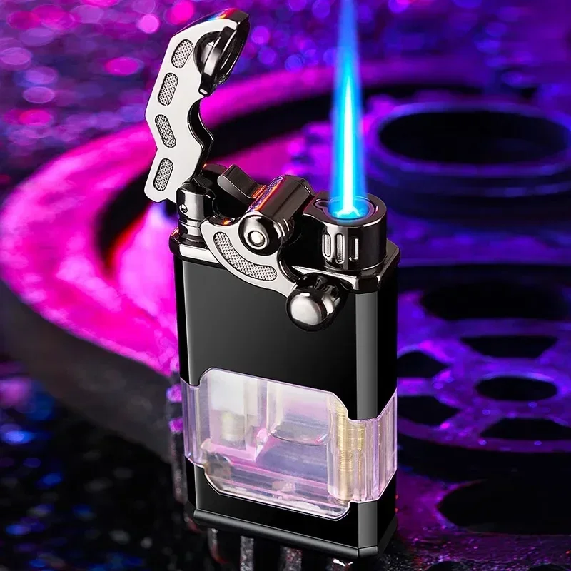 Metal Rocker Arm Luminous Butane Gas Torch Lighter Transparent Gas Window Windproof Jet Blue Flame Cigar Lighters Smoking Gadget view 4