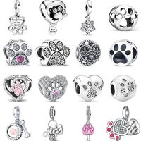 925 Sterling Silver Cute Animals Dog Paw Print Pendant Love Heart Beads Fit Original Pantaro Charms Bracelet DIY Jewelry Making