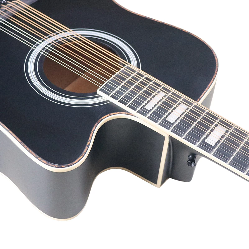 Black Color 12 String Electric Acoustic Guitar Cutaway Design 41 Inch Full Basswood Body Matte Finish Folk Guitar