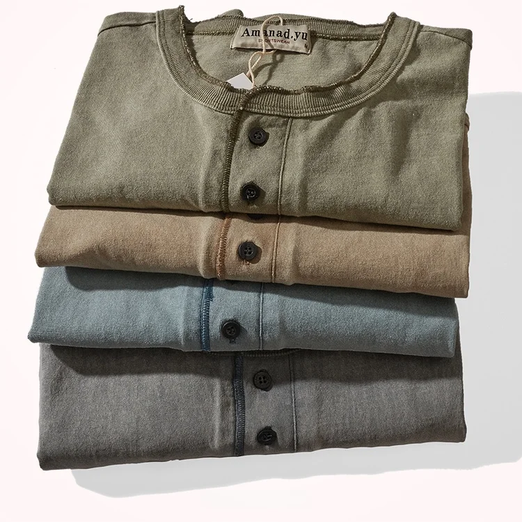 Heavyweight Pure Cotton Men's T-shirt Summer American Retro Short Sleeve Button Collar 280g High Grammage Casual Fashion